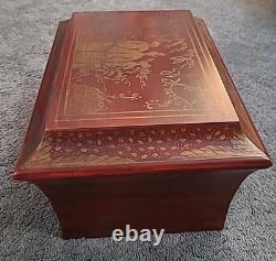 Chinoiserie Keepsake Box Red Lacquer Large Vintage Hand Painted 10 x 14 x 7