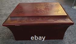 Chinoiserie Keepsake Box Red Lacquer Large Vintage Hand Painted 10 x 14 x 7