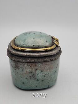 Condone Wharton Raku Pottery Trinket Box Hand Crafted Artist Signed Vintage Blue