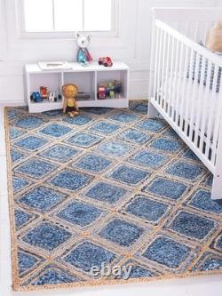 Denim & Jute Area Rug Handmade Denim Box Design Boho Home Carpet