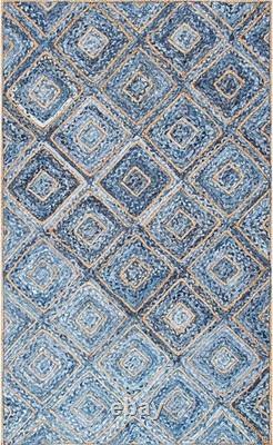 Denim & Jute Area Rug Handmade Denim Box Design Boho Home Carpet