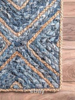 Denim & Jute Area Rug Handmade Denim Box Design Boho Home Carpet