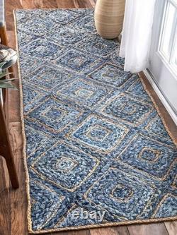 Denim & Jute Area Rug Handmade Denim Box Design Boho Home Carpet