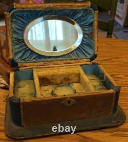 Estate Antique Victorian Beveled Glass Mirror Jewelry Casket Lined Box Holder