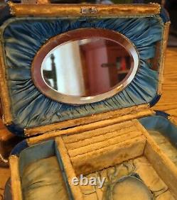 Estate Antique Victorian Beveled Glass Mirror Jewelry Casket Lined Box Holder