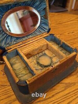 Estate Antique Victorian Beveled Glass Mirror Jewelry Casket Lined Box Holder