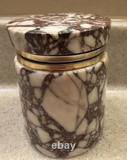 European Vintage Marble and Brass Cylinder Trinket Box with Heavy Hinged Lid