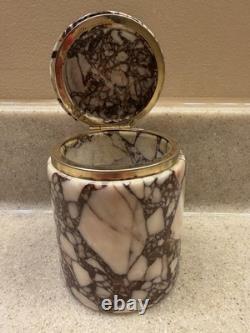 European Vintage Marble and Brass Cylinder Trinket Box with Heavy Hinged Lid