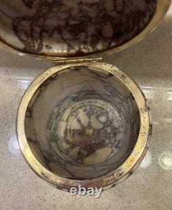 European Vintage Marble and Brass Cylinder Trinket Box with Heavy Hinged Lid