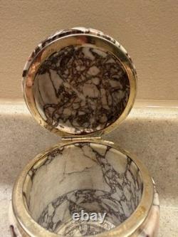European Vintage Marble and Brass Cylinder Trinket Box with Heavy Hinged Lid