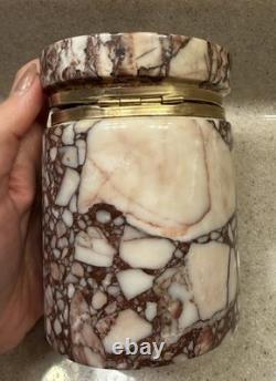 European Vintage Marble and Brass Cylinder Trinket Box with Heavy Hinged Lid