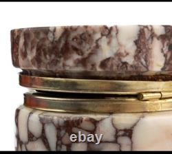 European Vintage Marble and Brass Cylinder Trinket Box with Heavy Hinged Lid