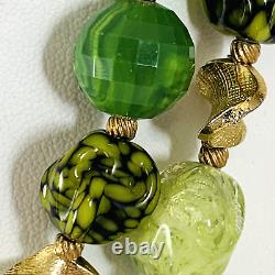 FABB Vintage HATTIE CARNEGIE Signed Green Art Glass Beaded Gold Tone Necklace