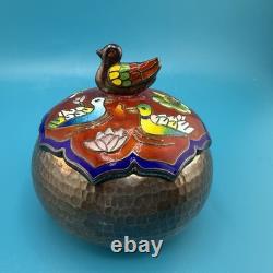 Gorgeous Vintage Fine 99% Korean Silver Trinket Box With Enamel Duck Pond Motif