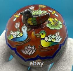 Gorgeous Vintage Fine 99% Korean Silver Trinket Box With Enamel Duck Pond Motif