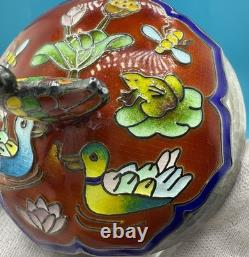 Gorgeous Vintage Fine 99% Korean Silver Trinket Box With Enamel Duck Pond Motif