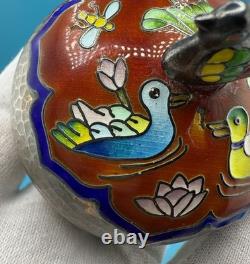 Gorgeous Vintage Fine 99% Korean Silver Trinket Box With Enamel Duck Pond Motif