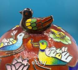 Gorgeous Vintage Fine 99% Korean Silver Trinket Box With Enamel Duck Pond Motif