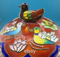 Gorgeous Vintage Fine 99% Korean Silver Trinket Box With Enamel Duck Pond Motif