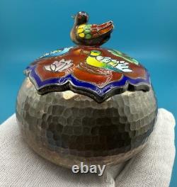 Gorgeous Vintage Fine 99% Korean Silver Trinket Box With Enamel Duck Pond Motif