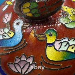 Gorgeous Vintage Fine 99% Korean Silver Trinket Box With Enamel Duck Pond Motif
