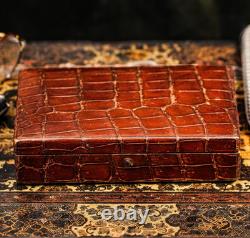 Handsome Antique Victorian Brown Crocodile Leather Jewelry Trinket Box