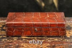 Handsome Antique Victorian Brown Crocodile Leather Jewelry Trinket Box