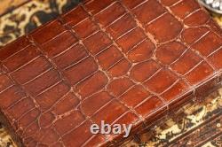 Handsome Antique Victorian Brown Crocodile Leather Jewelry Trinket Box