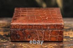Handsome Antique Victorian Brown Crocodile Leather Jewelry Trinket Box