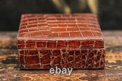 Handsome Antique Victorian Brown Crocodile Leather Jewelry Trinket Box