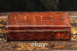 Handsome Antique Victorian Brown Crocodile Leather Jewelry Trinket Box