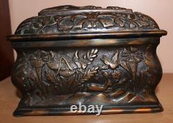 High Quality Antique/Vintage Carved Bronze Jewelry Box Casket Deer & Eagle Desig