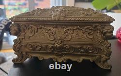 Italian Mid-century Mod. Dep. Ornate Brass Jewelry Box W. Cherubs. Ec