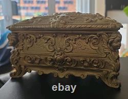 Italian Mid-century Mod. Dep. Ornate Brass Jewelry Box W. Cherubs. Ec