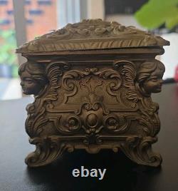 Italian Mid-century Mod. Dep. Ornate Brass Jewelry Box W. Cherubs. Ec