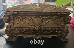 Italian Mid-century Mod. Dep. Ornate Brass Jewelry Box W. Cherubs. Ec