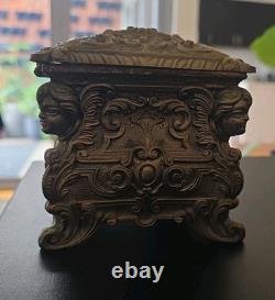 Italian Mid-century Mod. Dep. Ornate Brass Jewelry Box W. Cherubs. Ec