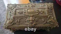 Italian Mid-century Mod. Dep. Ornate Brass Jewelry Box W. Cherubs. Ec