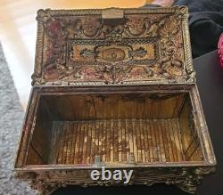 Italian Mid-century Mod. Dep. Ornate Brass Jewelry Box W. Cherubs. Ec