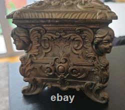 Italian Mid-century Mod. Dep. Ornate Brass Jewelry Box W. Cherubs. Ec