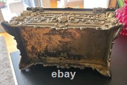 Italian Mid-century Mod. Dep. Ornate Brass Jewelry Box W. Cherubs. Ec