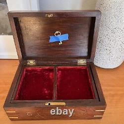 Large Lockable Wooden Jewelry Box Holder with Key inlaid Vintage Antique