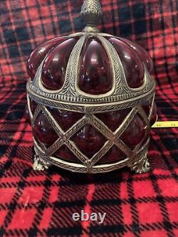 Large Vintage Brass and Ruby Red Bubble Glass Apothecary Jar Trinket Box