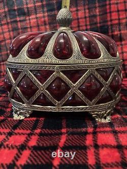 Large Vintage Brass and Ruby Red Bubble Glass Apothecary Jar Trinket Box