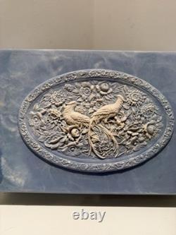 Large Vintage Genuine Incolay Stone Hinged Jewelry Box Blue & White Birds Cameo
