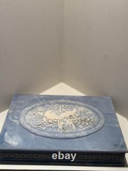 Large Vintage Genuine Incolay Stone Hinged Jewelry Box Blue & White Birds Cameo