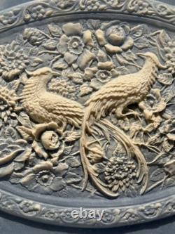 Large Vintage Genuine Incolay Stone Hinged Jewelry Box Blue & White Birds Cameo