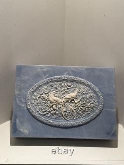 Large Vintage Genuine Incolay Stone Hinged Jewelry Box Blue & White Birds Cameo