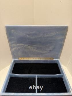 Large Vintage Genuine Incolay Stone Hinged Jewelry Box Blue & White Birds Cameo