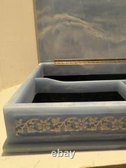 Large Vintage Genuine Incolay Stone Hinged Jewelry Box Blue & White Birds Cameo